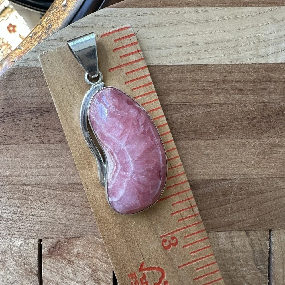 VTG Artisan Crafted‎ Pendant 2.5 Inch Pink Gem Rhodochrosite 925 Sterling 31.6g